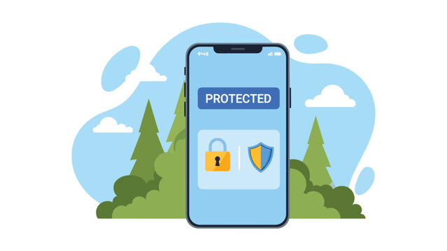 Flat vector secure mobile banking scene with shield icon and verified payment, ideal for fintech safety content and financial cyber protection visuals