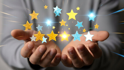 A captivating display of glowing stars held in cupped hands, symbolizing exceptional customer satisfaction, high ratings, and premium service quality, embodying success