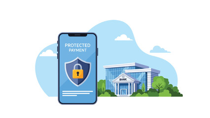 Flat vector secure mobile banking scene with shield icon and verified payment, ideal for fintech safety content and financial cyber protection visuals