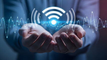 Connecting Digital Signals Hands Holding Wi-Fi Icon Amidst Data Waves