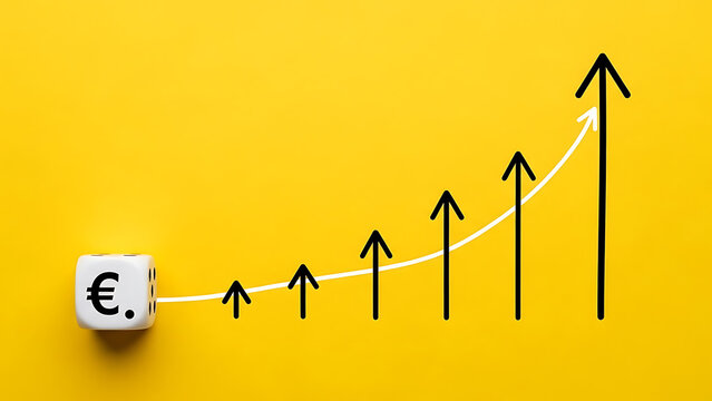 Euro currency symbol on a die showing financial growth and upward trend