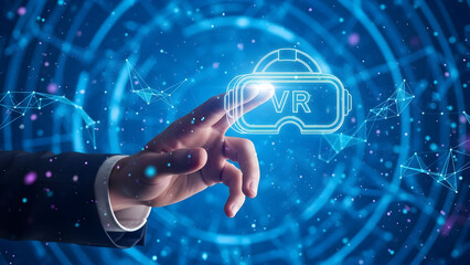Virtual Reality Interaction Hand Touching VR Headset Icon in Futuristic Tech Design