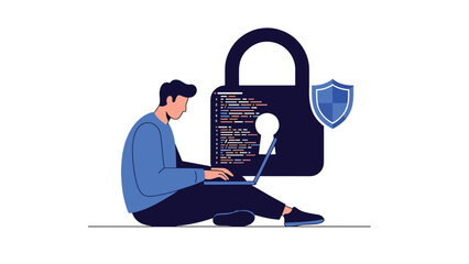 Flat vector developer writing secure code with encrypted lock icons, ideal for tech training, programming education, and cybersecurity development topics