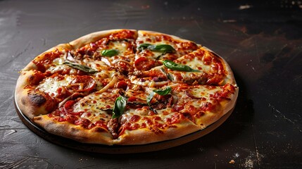 Freshly baked pizza with melted cheese, pepperoni, basil leaves on dark rustic table