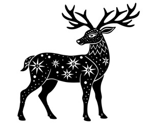Stylized black deer silhouette with star patterns and dots