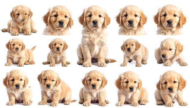 Fifteen golden retriever puppies posed against a white background, showcasing their charming expressions - Powered by Adobe