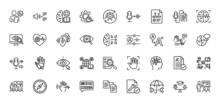 Cognitive and sensory perception line icon set. Vector pictograms of hearing, sight, learning, brain, and accessibility, thin linear illustration.