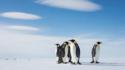 Emperor penguins standing on ice in antarctica under a bright blue sky