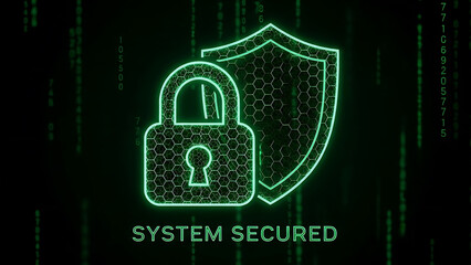 Digital security concept with glowing green padlock and shield for data protection