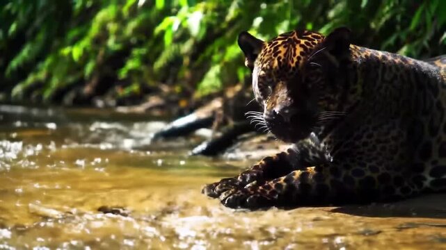 A jaguar rests beside a river, its coat patterned with spots, and the green foliage behind