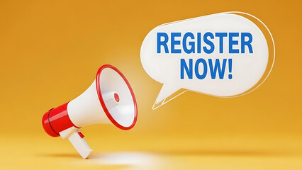 Megaphone announcement with register now speech bubble