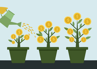 Money trees growing and being watered symbolizing financial growth and investment