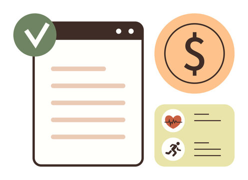 Checklist document with green approval tick, dollar sign in circle, and activity tracker displaying heart rate and running icon. Ideal for productivity, finance, health, organization, planning