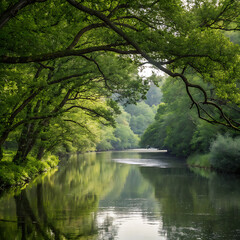 Tranquil river flowing through lush green forest canopy