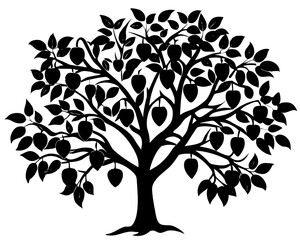 Fototapeta premium Black silhouette of a fruit tree with leaves and apples