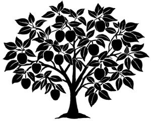 Obraz premium Black silhouette of a fruit tree with ripe fruits and leaves