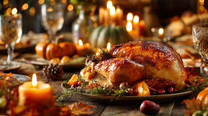Thanksgiving table with roasted turkey and autumn decorations, festive family concept