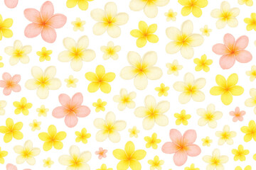 Fototapeta premium Plumeria frangipani flowers seamless pattern, tropical floral design, isolated texture on transparent background