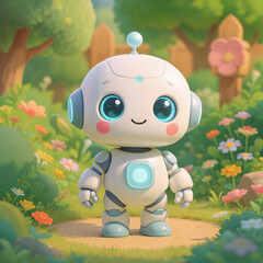 Friendly, cute little Robot in a Flower Field