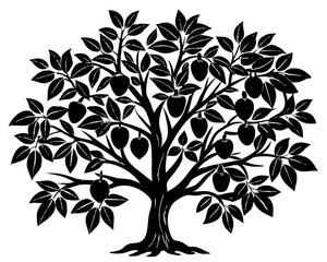 Obraz premium Black silhouette of a fruit tree laden with ripe fruits and leaves