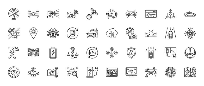 Autonomous driving line icon set. vector pictograms of sensor, radar, satellite, 5g, car, steering wheel, battery, and navigation, thin linear illustration.