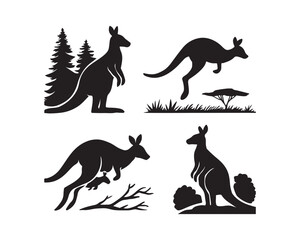 kangaroo in forest trees, jumping across a safari grassland, mother kangaroo with joey in pouch vector silhouettes illustration design set collection, kangaroo family vector