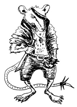 Brutal rat gangster with a knife and brass knuckles. Vector hand drawn illustration, black sketch.