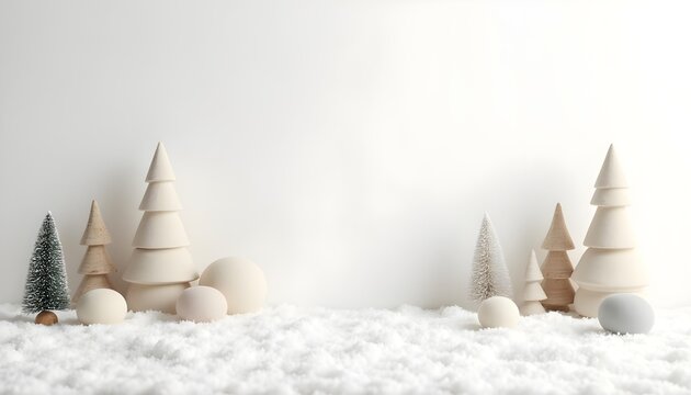 minimalist Scandinavian winter theme, clean white background, wooden textures, simple geometric Christmas trees, neutral beige and soft gray tones, gentle snow particles, peaceful hygge aesthetic, sof