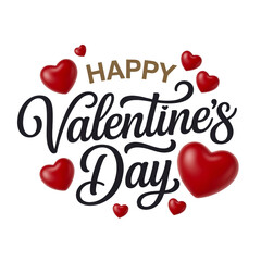 Happy valentines day text with red hearts isolated on transparent background