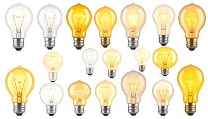A collection of diverse light bulbs, varying in shape, size, and color temperature on a plain white background
