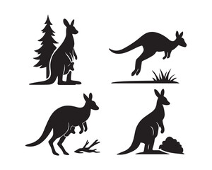 kangaroo in forest trees, jumping across a safari grassland, mother kangaroo with joey in pouch vector silhouettes illustration design set collection, kangaroo family vector