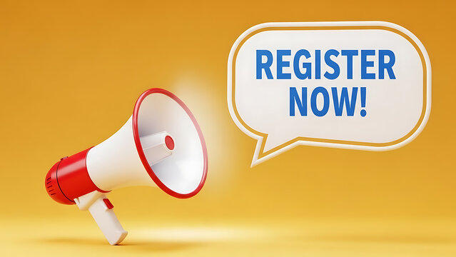 Megaphone announcing register now with speech bubble on yellow background