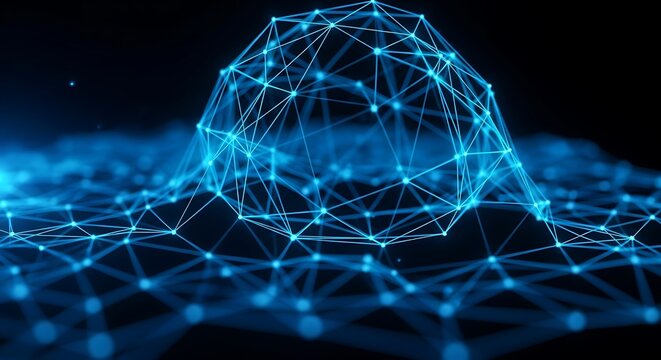 A glowing blue network of connected dots and lines forming a dome like structure on a dark background