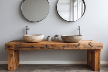 Rustic wooden vanity supports dual stone vessel sinks beneath circular mirrors