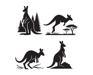 kangaroo in forest trees, jumping across a safari grassland, mother kangaroo with joey in pouch vector silhouettes illustration design set collection, kangaroo family vector