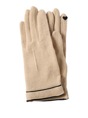 Pair of light beige knitted gloves with black trim isolated on transparent background