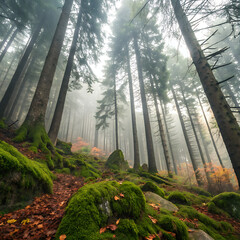 Misty forest path through tall evergreen trees with mossy rocks