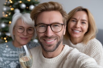 Multigenerational family sharing holiday cheer around decorated table, Families of various ages enjoying festive spirits and bonding during holiday celebration feast