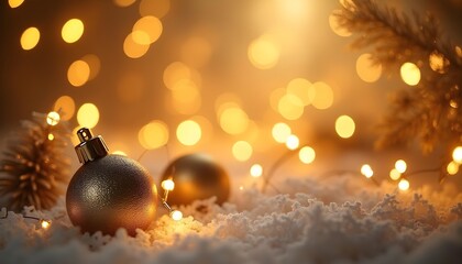 luxury Christmas background, elegant gold ornaments, sparkling bokeh lights, soft glowing snowflakes, shimmering metallic textures, warm golden tones, high-end festive design, ultra-detailed, studio