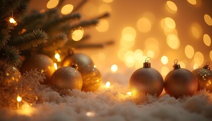 Fototapeta premium luxury Christmas background, elegant gold ornaments, sparkling bokeh lights, soft glowing snowflakes, shimmering metallic textures, warm golden tones, high-end festive design, ultra-detailed, studio