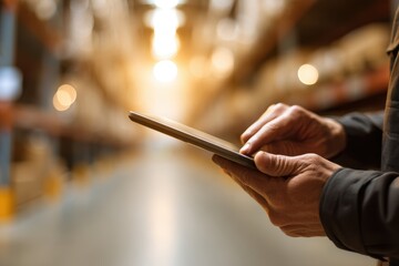 shipping supply chain cost-effective. Person using a tablet in a warehouse setting with blurred lights in the background.