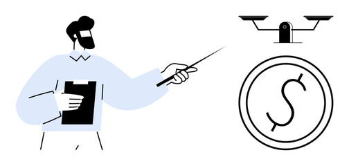 Finance, legal compliance, economic balance, decision making, financial services, education. A man pointing at a scale with a dollar symbol. Finance and legal compliance illustrated