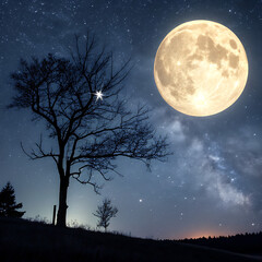 Silhouette of a lone person beneath a large full moon and starry night sky