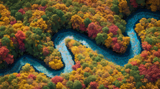 An aerial view of a winding river carving its path through a colorful autumn forest