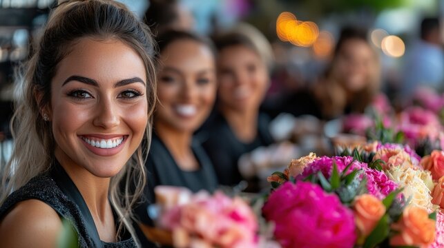 Cheerful women smile brightly while seated at a vibrant celebration table adorned with exquisite flower arrangements, capturing joy, community, and the essence of togetherness.