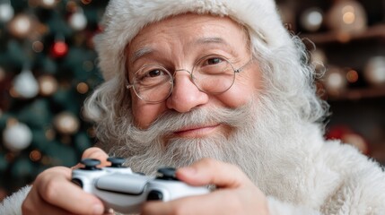Fototapeta premium Elderly man joyfully plays games, Happy older gentleman engaged in seasonal gaming festivities, Elderly Caucasian man immersed in cheerful holiday video game entertainment