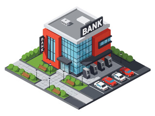 3D Modern isometric bank building with ATM machines, pavement, cars, and trees, perfect for finance, urban planning, fintech projects, and smart city illustrations