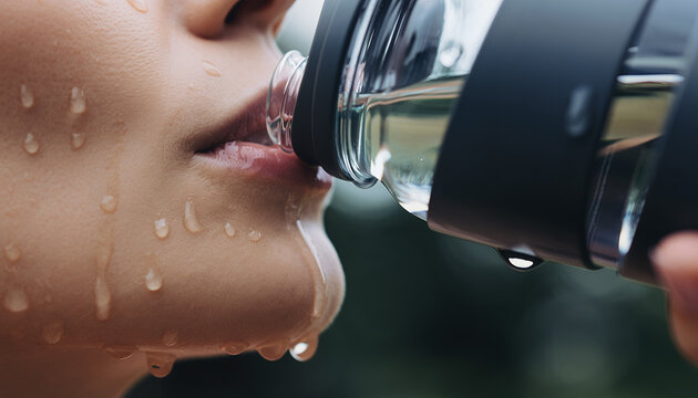 A close-up shot captures a woman drinking water from a sleek, black sports bottle, emphasizing hydration and refreshment during a workout or outdoor activity.