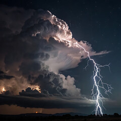 Powerful lightning bolt strikes a dramatic storm cloud at night
