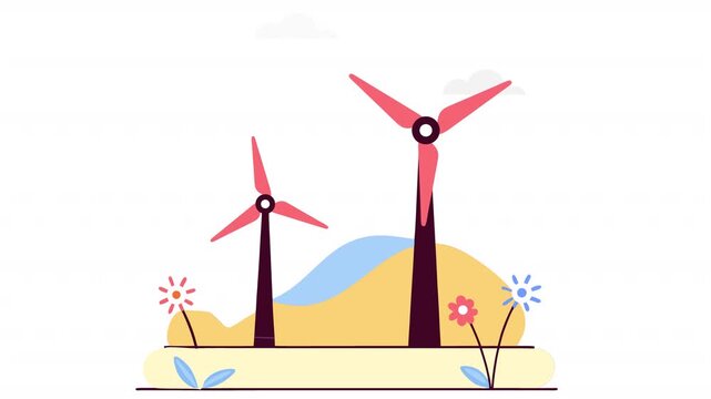 Wind farm in nature. Electricity generation animation, alpha channel. Cartoon